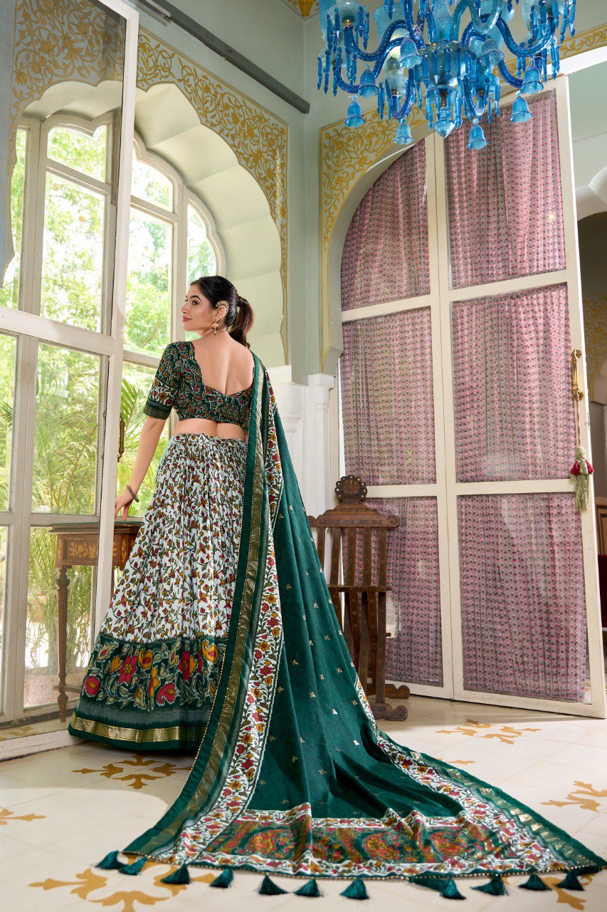 Lorenvalley Green Tussar Silk Floral Print with Foil Print Lehenga Choli with Dupatta - Distacart