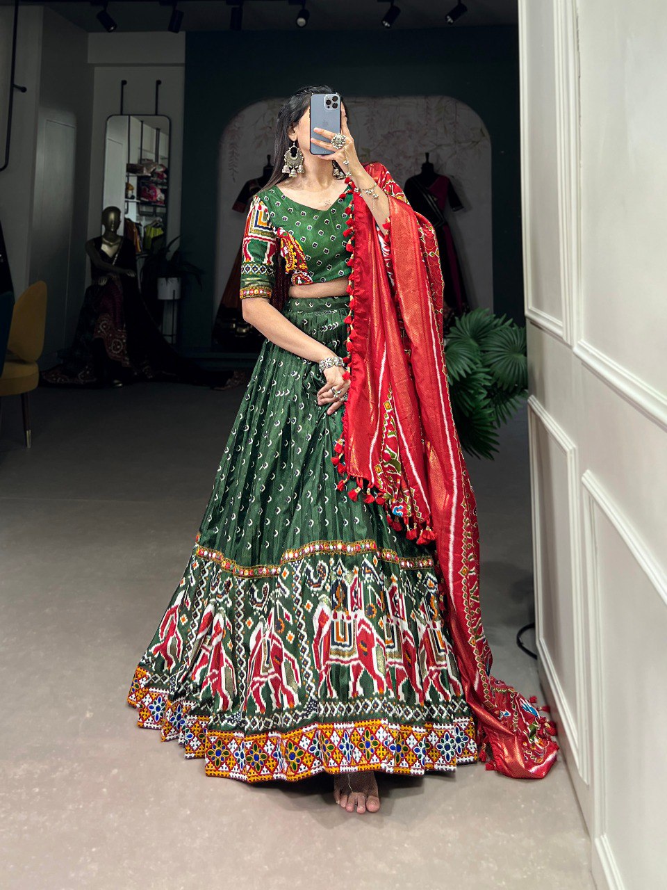 Lorenvalley Dola Silk Green Patola Print With Gamthi Work Lace Border Lehenga Choli with Dupatta - Distacart