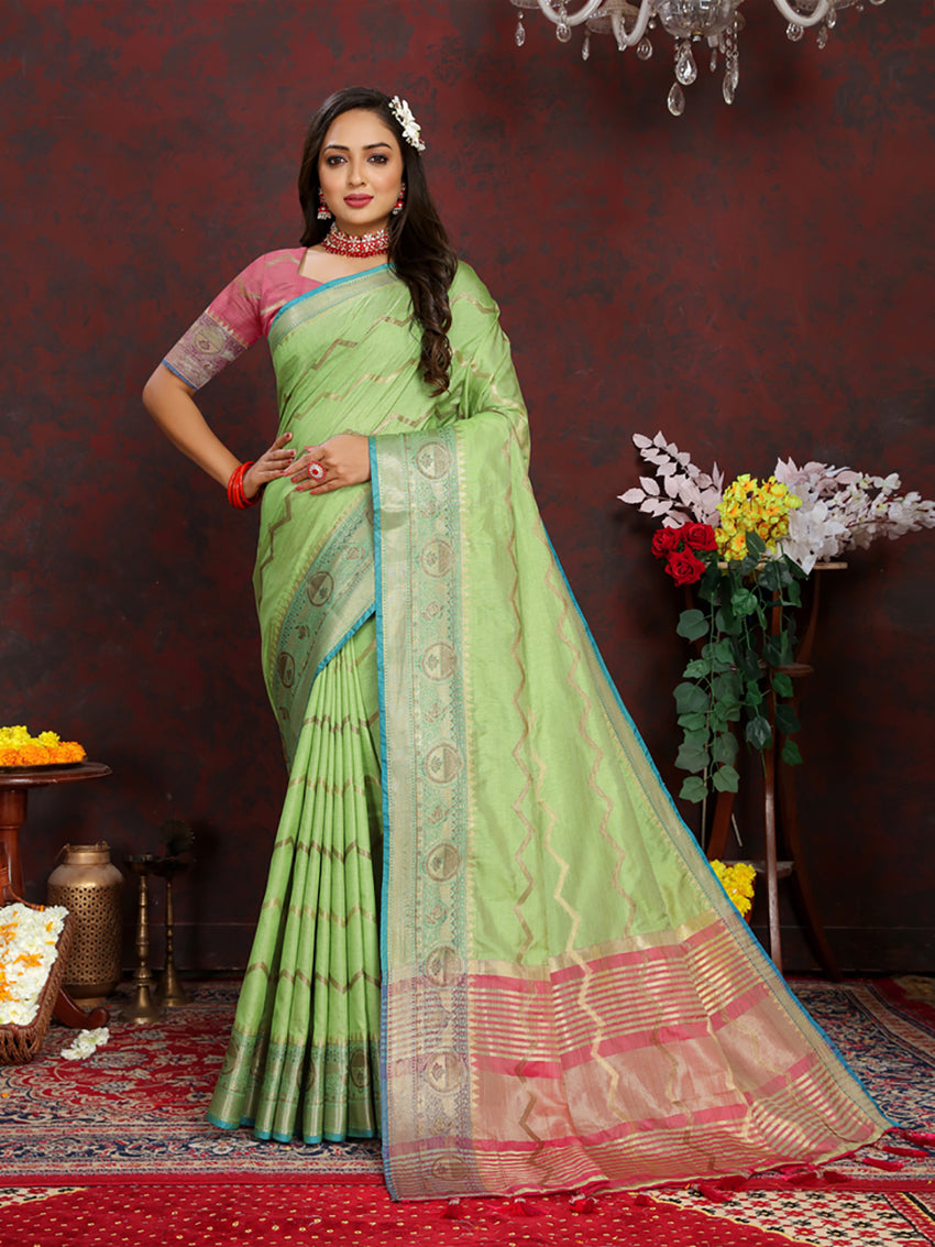 Lorenvalley Fashion Green Soft Katan Silk Woven Design Zari Weaving Pallu Saree