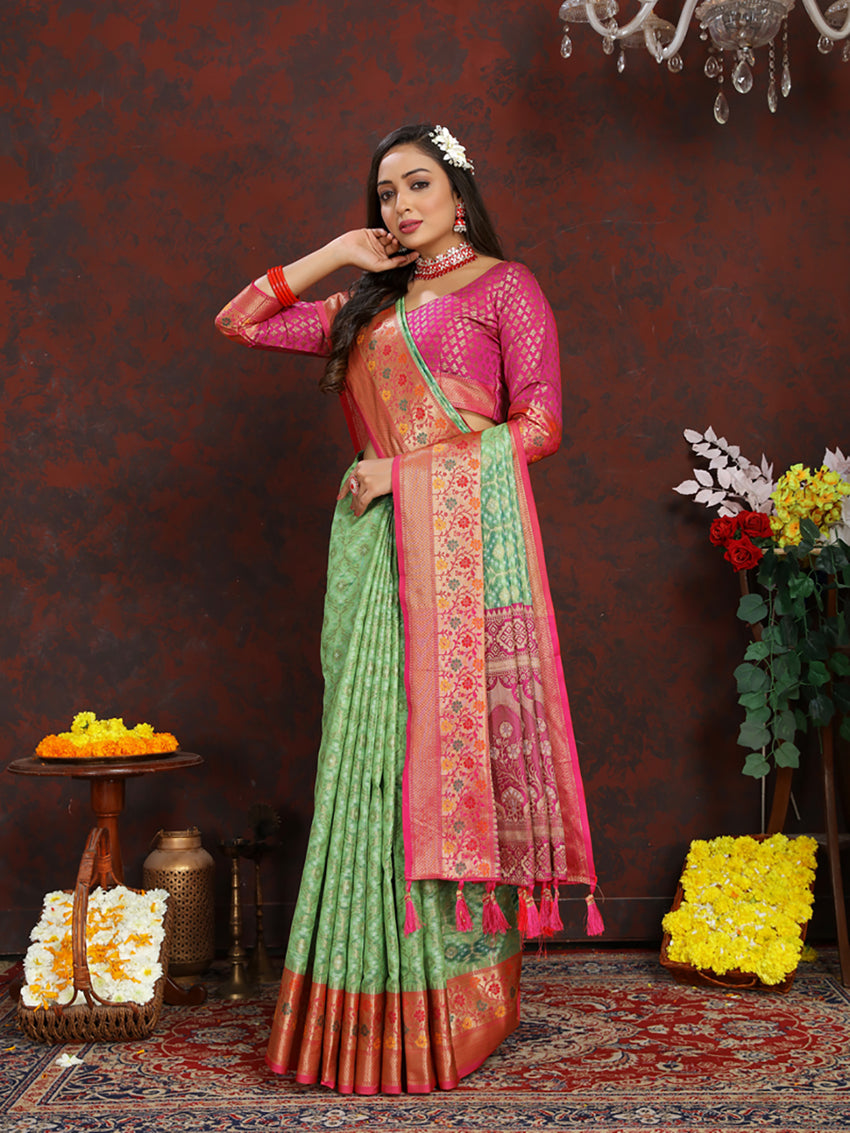 Lorenvalley Fashion Green Organza Silk Woven Design with Rich Meenakari Weaving Pallu Saree - Distacart