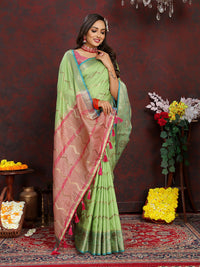 Thumbnail for Lorenvalley Fashion Green Soft Katan Silk Woven Design Zari Weaving Pallu Saree