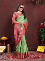 Thumbnail for Lorenvalley Fashion Green Organza Silk Woven Design with Rich Meenakari Weaving Pallu Saree - Distacart