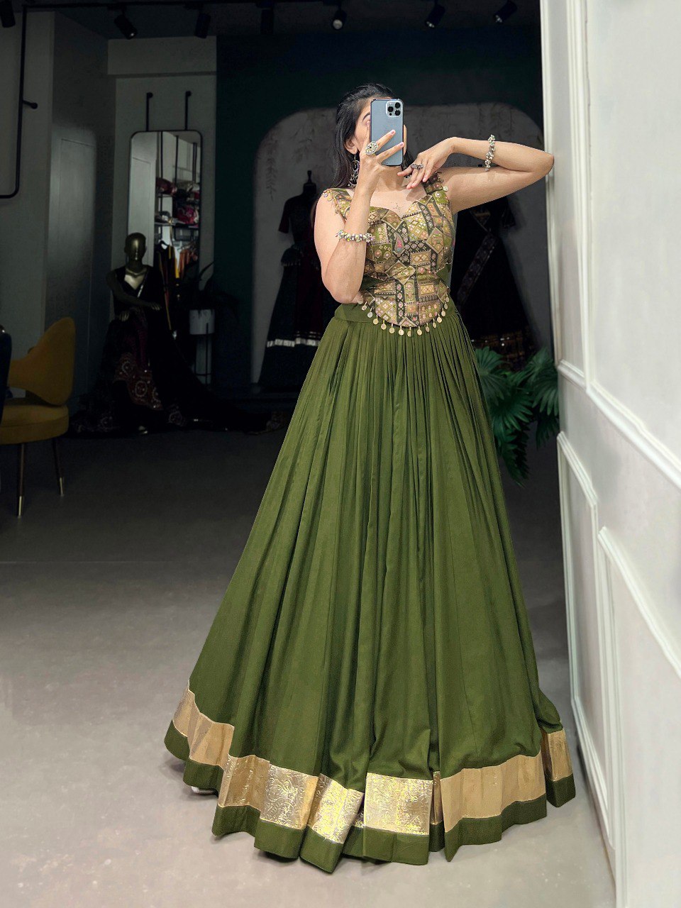 Lorenvalley Pure Rayon Green Plain With Embossed Design Lace Touch Up Lehenga Choli - Distacart