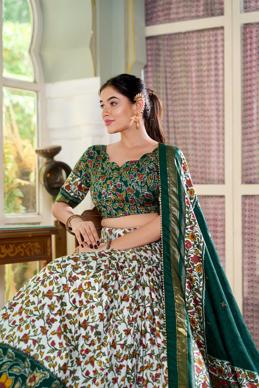 Lorenvalley Green Tussar Silk Floral Print with Foil Print Lehenga Choli with Dupatta - Distacart