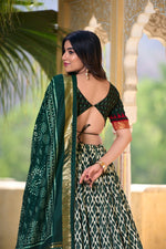 Thumbnail for Lorenvalley Green Tussar Silk Ikkat Print With Foil Work Lehenga Choli with Dupatta - Distacart