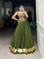 Thumbnail for Lorenvalley Green Pure Rayon Plain With Embossed Design Lace Touch Up Lehenga Choli - Distacart