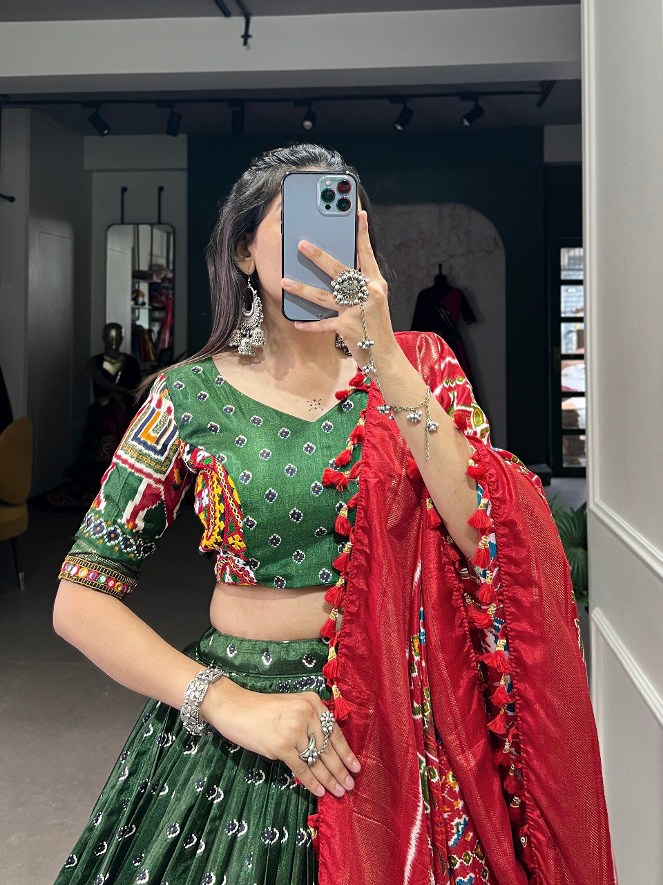 Lorenvalley Dola Silk Green Patola Print With Gamthi Work Lace Border Lehenga Choli with Dupatta - Distacart