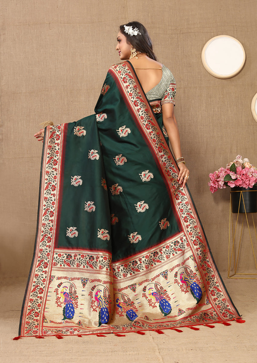 Lorenvalley Fashion Green Soft Paithani Silk Woven Design Rich Meenakari Zari Weaving Pallu Saree - Distacart