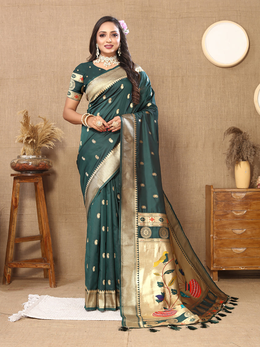 Lorenvalley Fashion Green Soft Paithani Silk Woven Design Rich Zari Meenakari Weaving Saree - Distacart