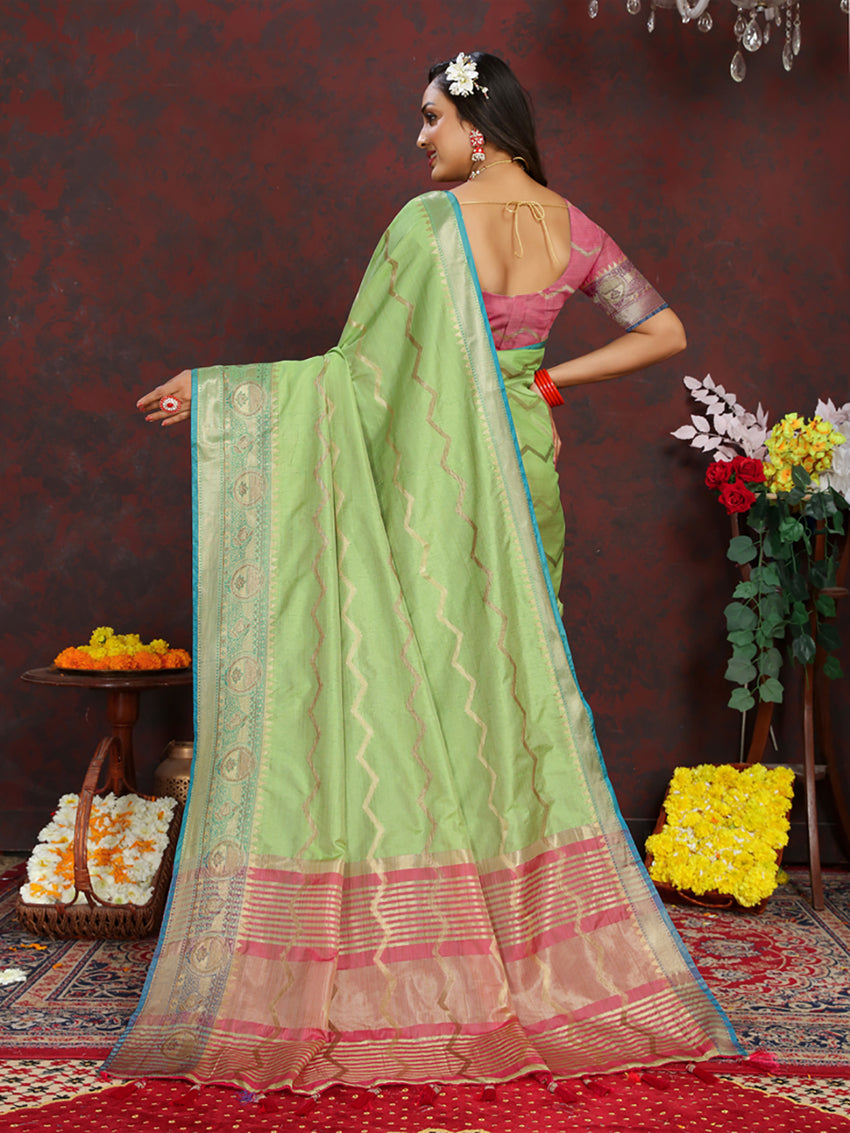 Lorenvalley Fashion Green Soft Katan Silk Woven Design Zari Weaving Pallu Saree