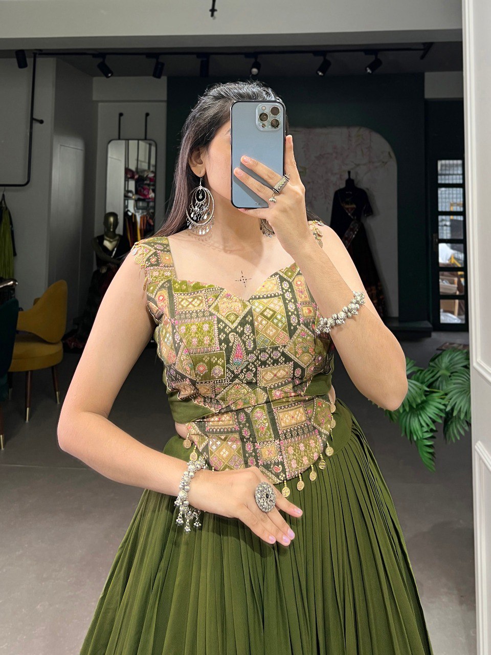 Lorenvalley Green Pure Rayon Plain With Embossed Design Lace Touch Up Lehenga Choli - Distacart