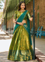Thumbnail for Lorenvalley Green Kanjivaram Silk Zari Weaving Lehenga Choli with Dupatta - Distacart