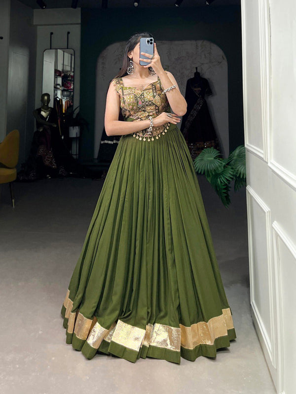 Lorenvalley Pure Rayon Green Plain With Embossed Design Lace Touch Up Lehenga Choli - Distacart