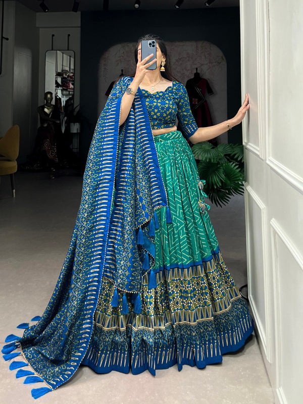 Lorenvalley Green Tussar Silk Bandhej And Ajarakh Print Lehenga Choli with Dupatta - Distacart