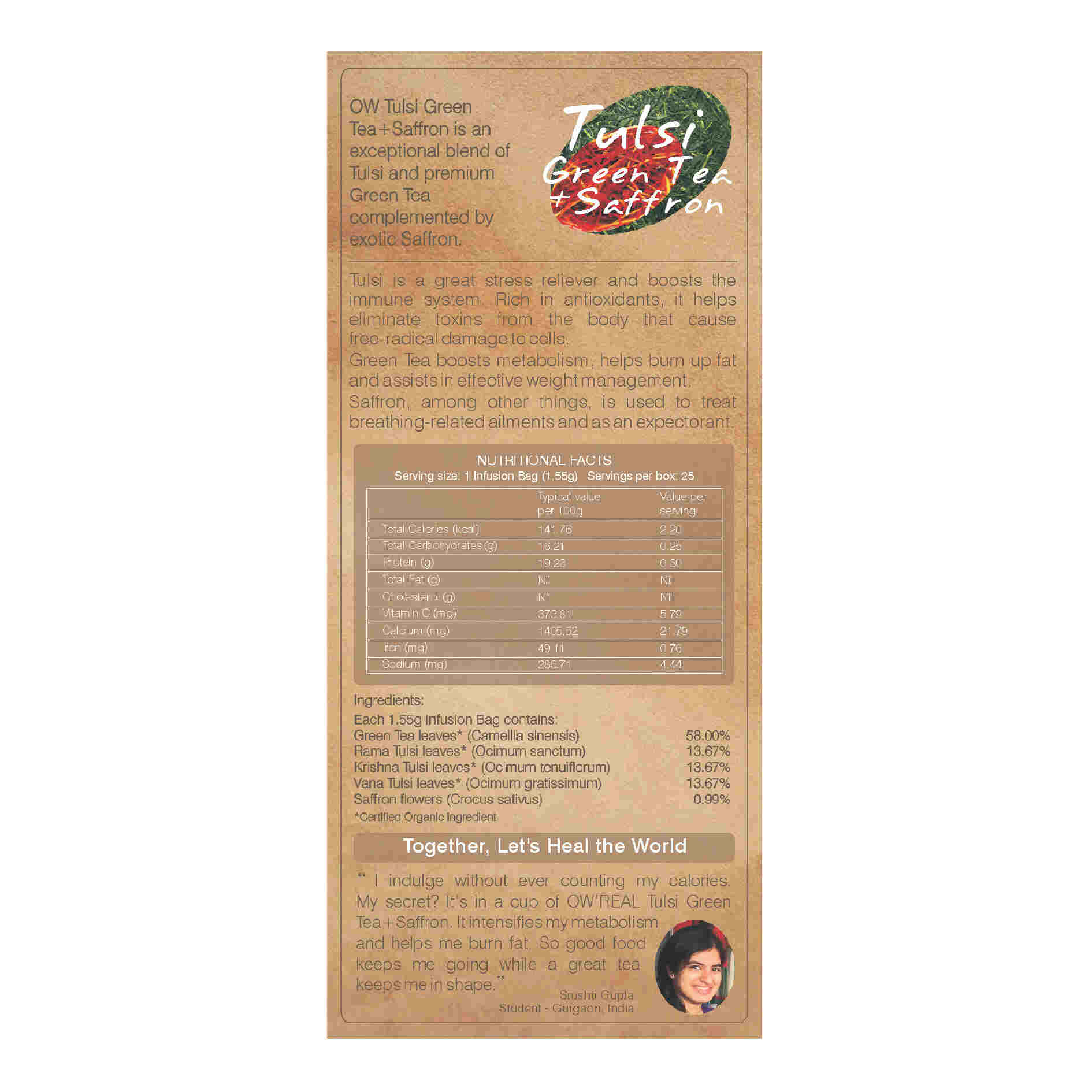 Organic Wellness Ow'Real Tulsi Green Tea + Saffron Tea Bags - Distacart