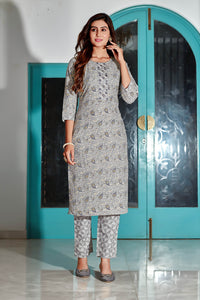 Thumbnail for Malishka Women's Grey Cotton Blend Digital Print & Handwork Kurta Set