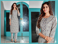 Thumbnail for Malishka Women's Grey Cotton Blend Digital Print & Handwork Kurta Set