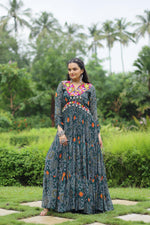 Thumbnail for Lorenvalley Grey Faux Georgette Bandhani Print Work With Kutchi Patch Work Gown - Distacart