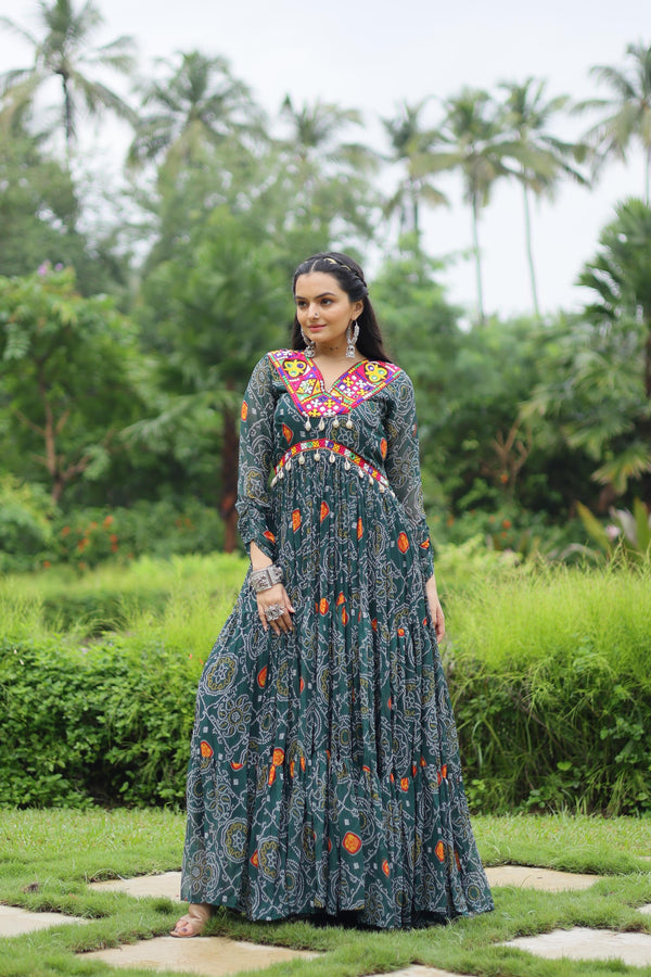Lorenvalley Grey Faux Georgette Bandhani Print Work With Kutchi Patch Work Gown - Distacart