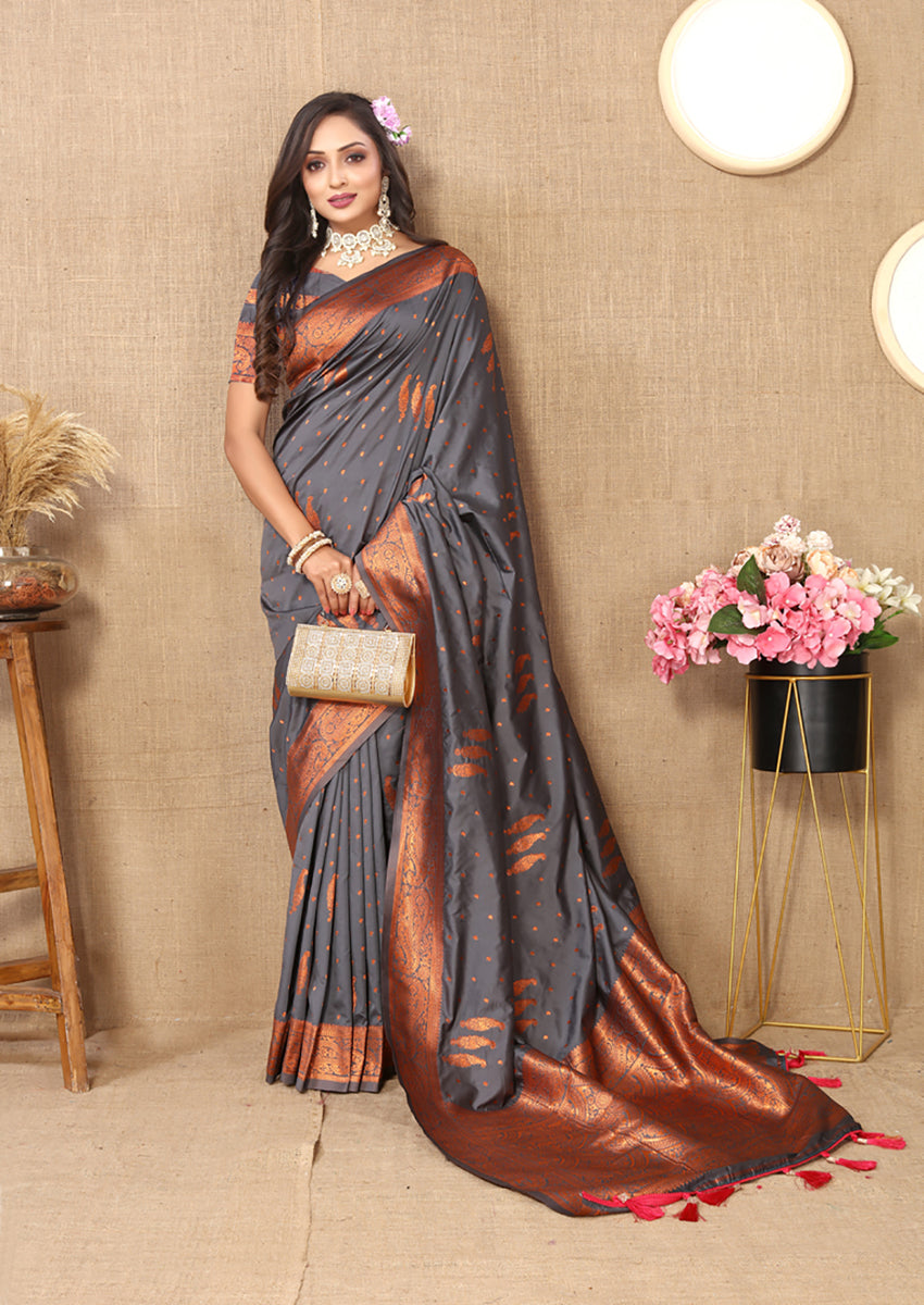 Lorenvalley Fashion Grey Soft Silk Copper Zari weaving Design Saree - Distacart