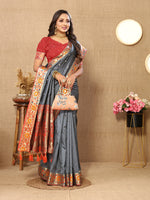 Thumbnail for Lorenvalley Fashion Grey Soft Paithani Silk Woven Design Rich Meenakari Zari Weaving Pallu Saree - Distacart