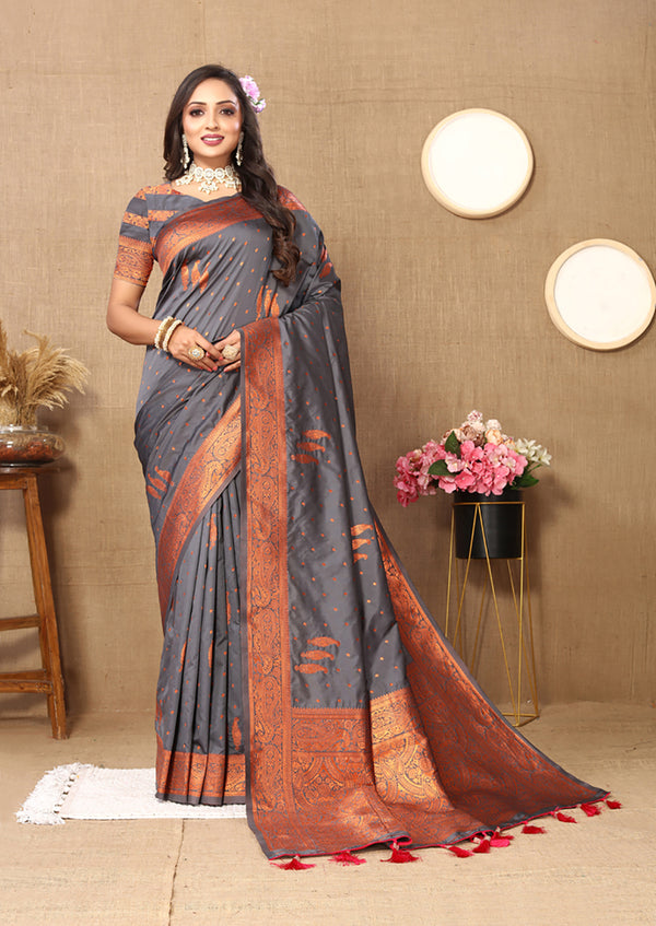 Lorenvalley Fashion Grey Soft Silk Copper Zari weaving Design Saree - Distacart