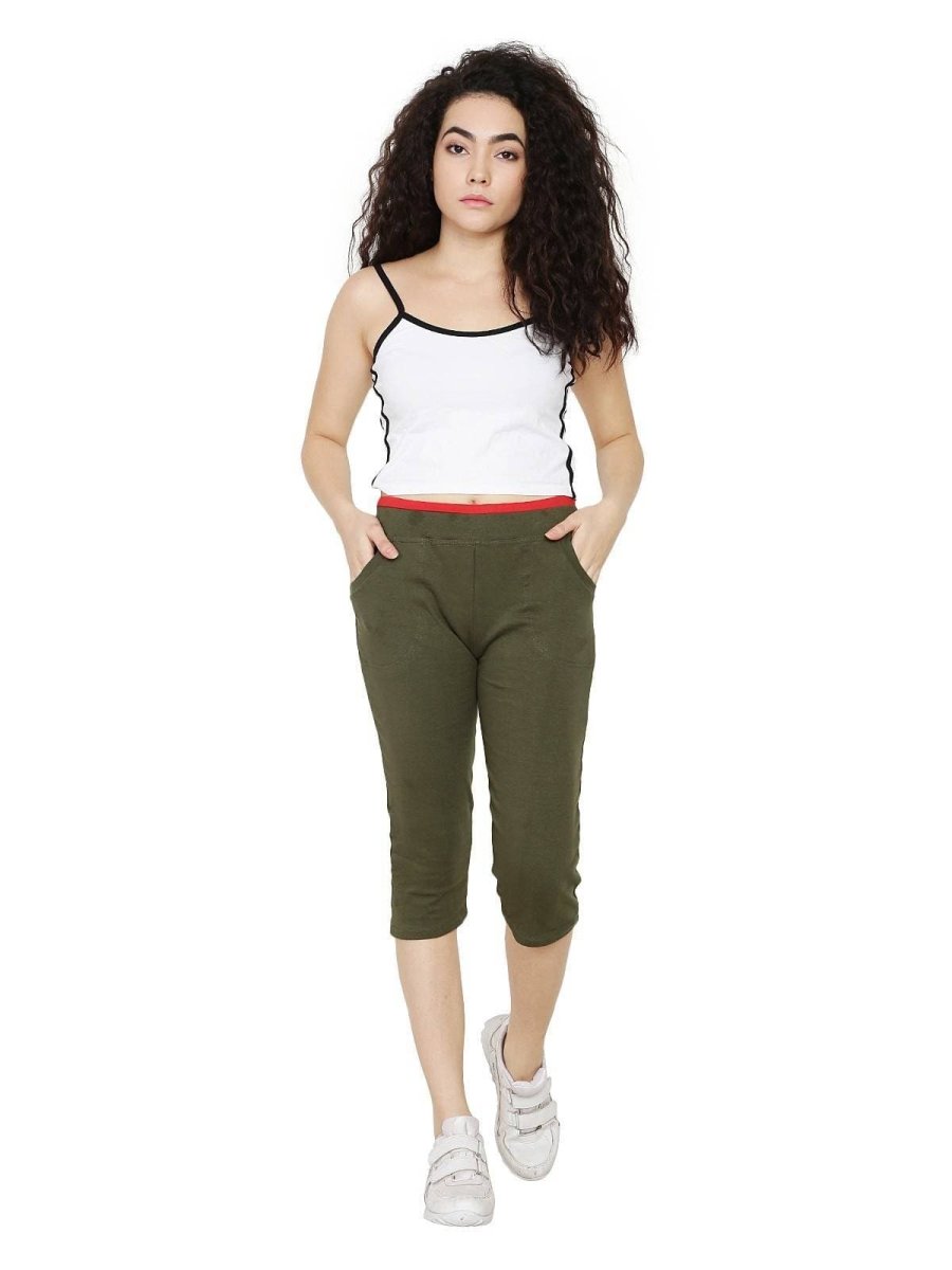 Asmaani Olive Green Color Capri Type with Two Side Pockets.