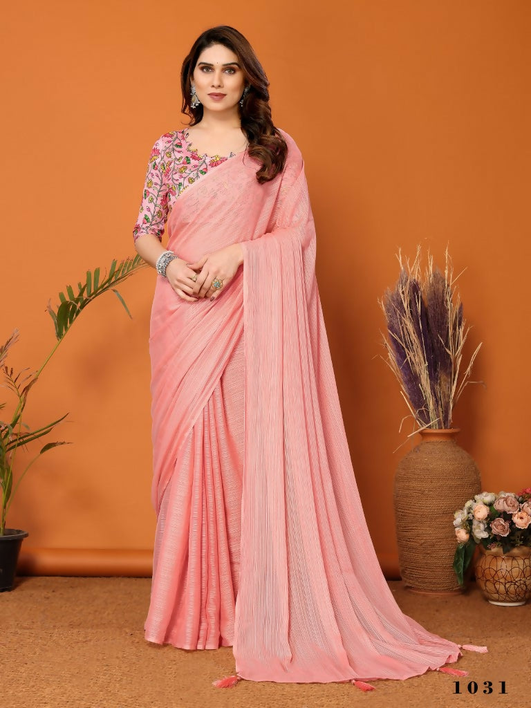 Partywear Designer Peach Polyester Zari Fancy Saree - Starwalk