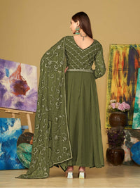 Thumbnail for Jyoti Fashion Women's Olive Green Georgette Embroidered Anarkali Kurta Pant Set With Dupatta