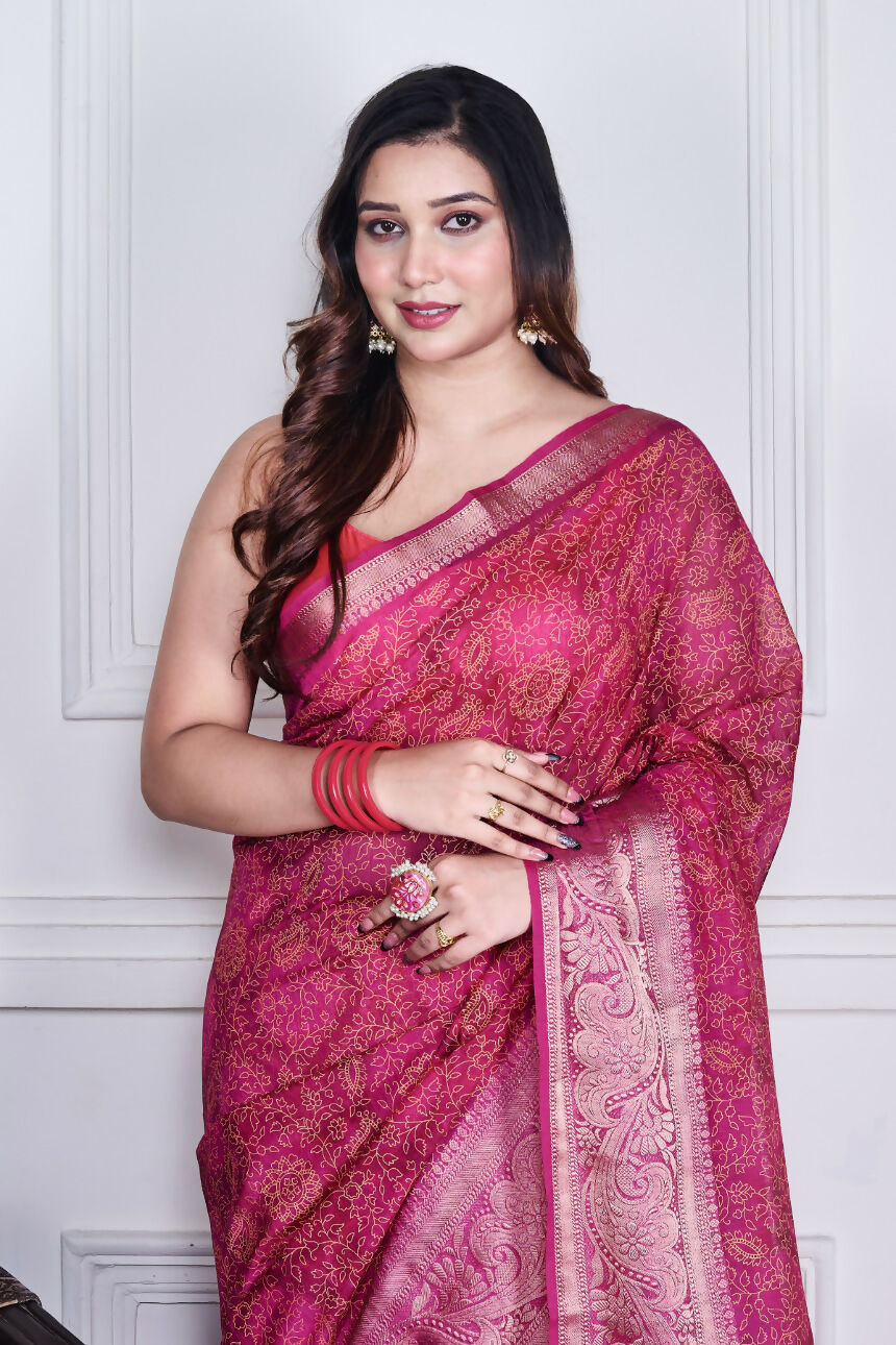 Morchari Pink Script Printed Orzanga Saree Unstitched Blouse