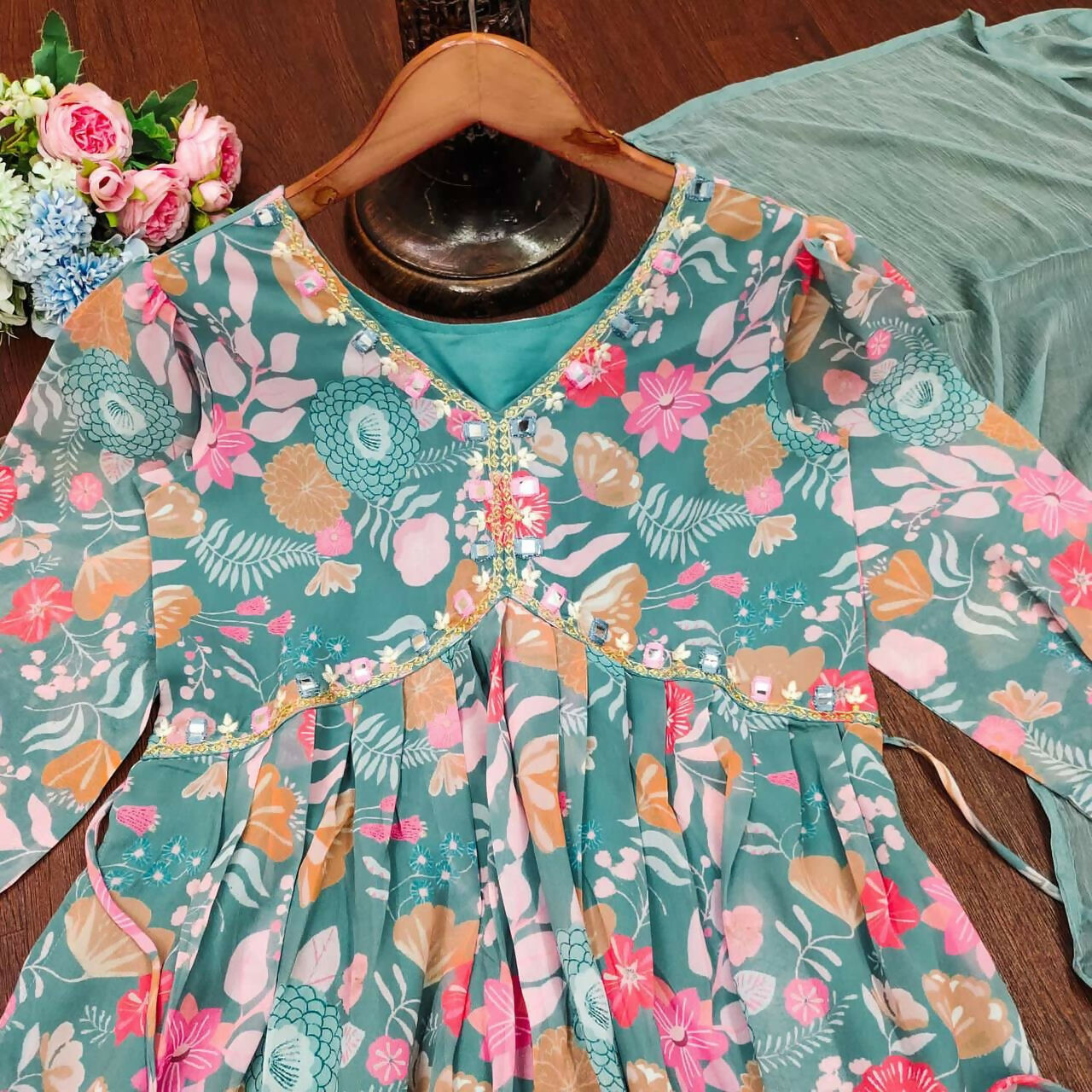Preksha Creation Designer Fine Cotton Suit Set Full Flared Mugal Print Straight Suit With Dupatta And Pant - Sky Blue