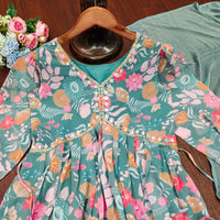 Thumbnail for Preksha Creation Designer Fine Cotton Suit Set Full Flared Mugal Print Straight Suit With Dupatta And Pant - Sky Blue