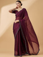 Thumbnail for Purple Organza Swaroski Diamond Work Saree with Unstitched Blouse - Radha - Distacart
