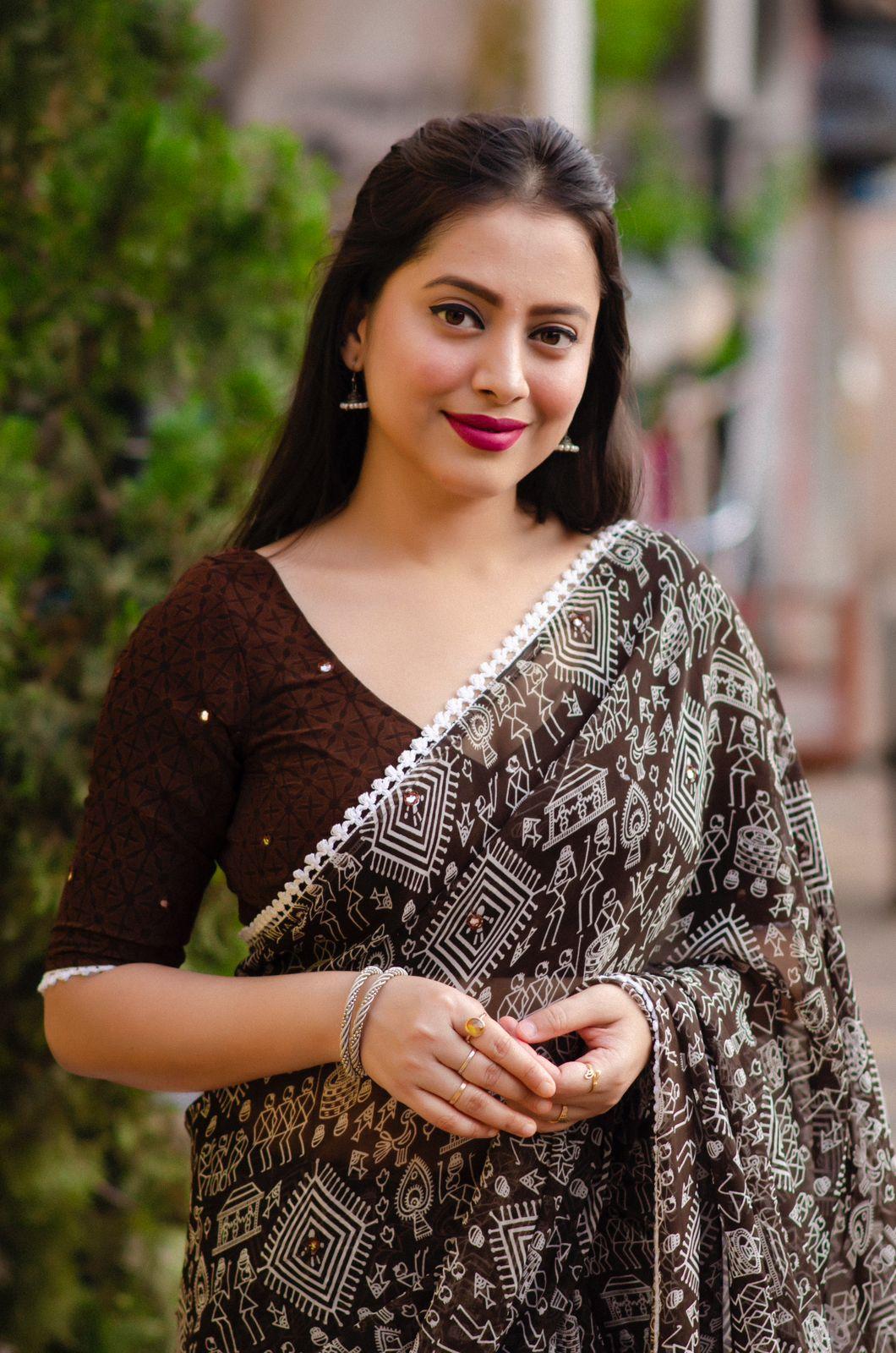 Coffee Poly Georgette Ethnic Motifs Saree with Unstitched Blouse - A2M