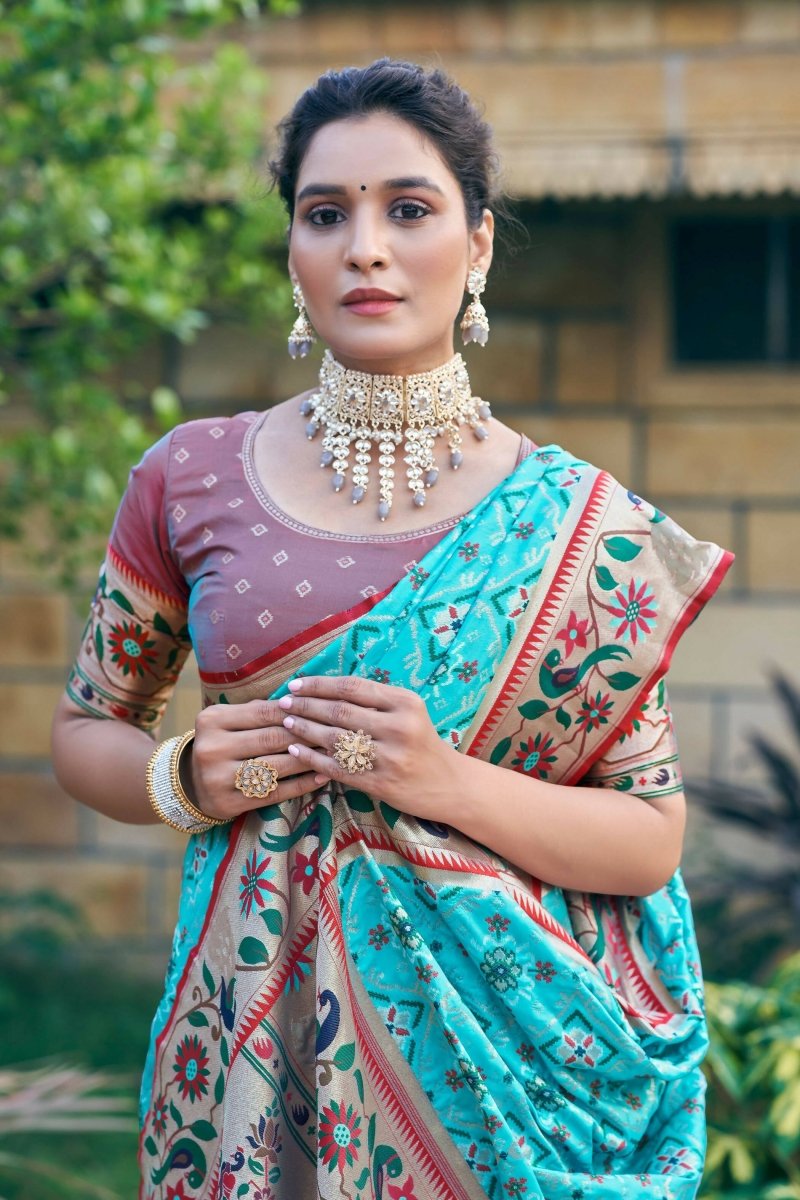 Aastha Fashion Turquoise Woven Patola Silk Saree with Blouse - Distacart