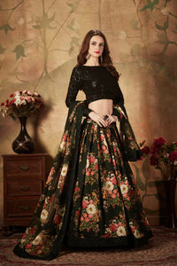 Thumbnail for Aastha Fashion Women's Mesmerizing Black Floral Print Organza Silk Wedding Lehenga Choli - Distacart