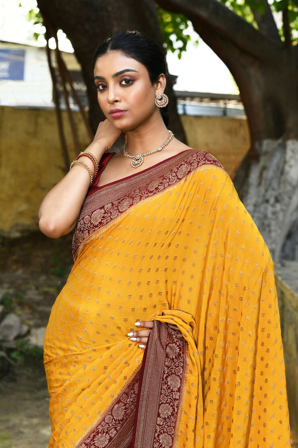 Joban Fashion Yellow Crepe Chiffon Pure Handloom Banarasi Silk Saree