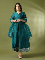 Thumbnail for Myshka Women's Teal Solid Silk Anarkali Party Kurta With Dupatta - Distacart