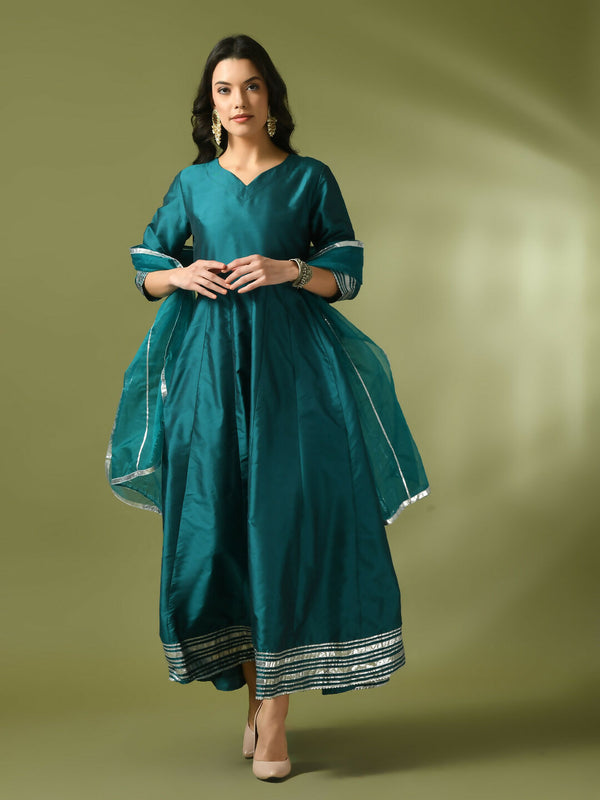 Myshka Women's Teal Solid Silk Anarkali Party Kurta With Dupatta - Distacart