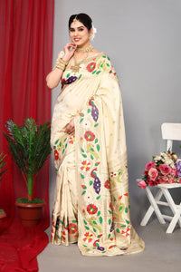 Thumbnail for NOZ2TOZ Women Wedding Wear Zari Weaving Paithani Silk Saree with Unstitched Blouse - Off White
