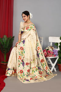 Thumbnail for NOZ2TOZ Women Wedding Wear Zari Weaving Paithani Silk Saree with Unstitched Blouse - Off White