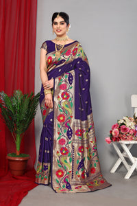 Thumbnail for NOZ2TOZ Women Wedding Wear Zari Weaving Paithani Silk Saree with Unstitched Blouse - Blue