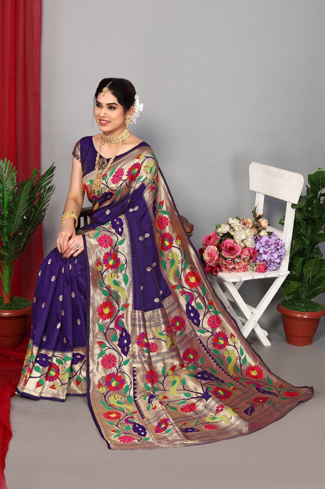 NOZ2TOZ Women Wedding Wear Zari Weaving Paithani Silk Saree with Unstitched Blouse - Blue