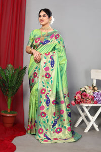 Thumbnail for NOZ2TOZ Women Wedding Wear Zari Weaving Paithani Silk Saree with Unstitched Blouse - Dark Parrot Green