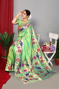 Thumbnail for NOZ2TOZ Women Wedding Wear Zari Weaving Paithani Silk Saree with Unstitched Blouse - Dark Parrot Green