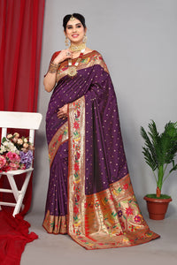 Thumbnail for NOZ2TOZ Women Wedding Wear Zari Weaving Paithani Silk Saree with Unstitched Blouse - Purple