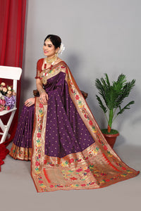 Thumbnail for NOZ2TOZ Women Wedding Wear Zari Weaving Paithani Silk Saree with Unstitched Blouse - Purple