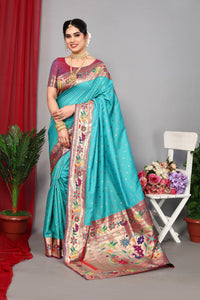 Thumbnail for NOZ2TOZ Women Wedding Wear Zari Weaving Paithani Silk Saree with Unstitched Blouse - Rama