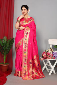 Thumbnail for NOZ2TOZ Women Wedding Wear Zari Weaving Paithani Silk Saree with Unstitched Blouse - Pink