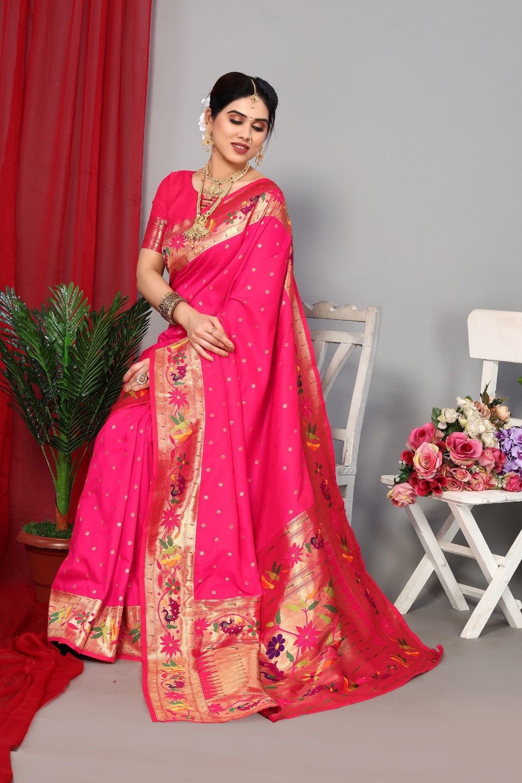 NOZ2TOZ Women Wedding Wear Zari Weaving Paithani Silk Saree with Unstitched Blouse - Pink